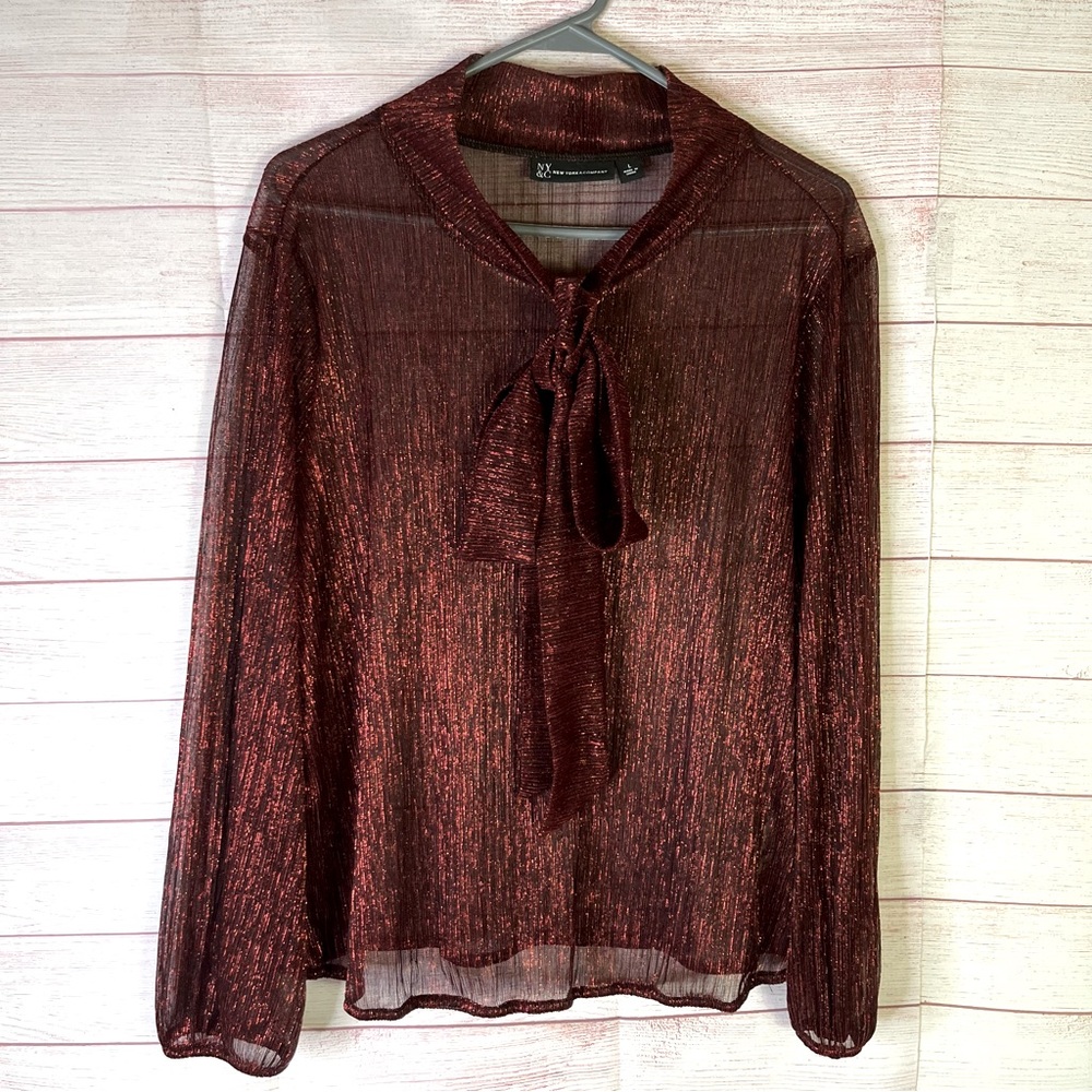 New York & Co Long Sleeve Shimmery Metallic Bow Tie Neck Blouse Size Large